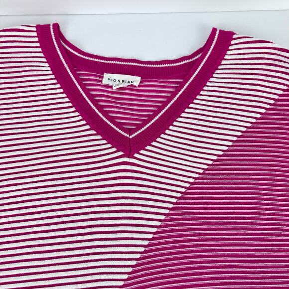 Ribbed Knit Asymmetrical Shoulder V Neck Colorblock 80s Inspired Pink Sweater L - Picture 5 of 10